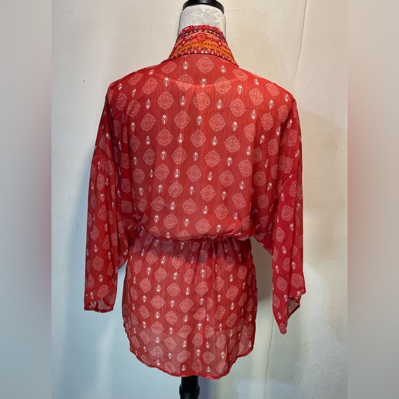 #0228 Xileration Red/Orange Sheer Kimono Accent Trim Drawstring with Tassels-S - Picture 4 of 9